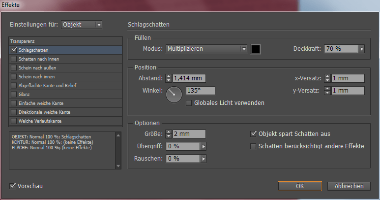 Effekt/Schlagschatten wird markiert