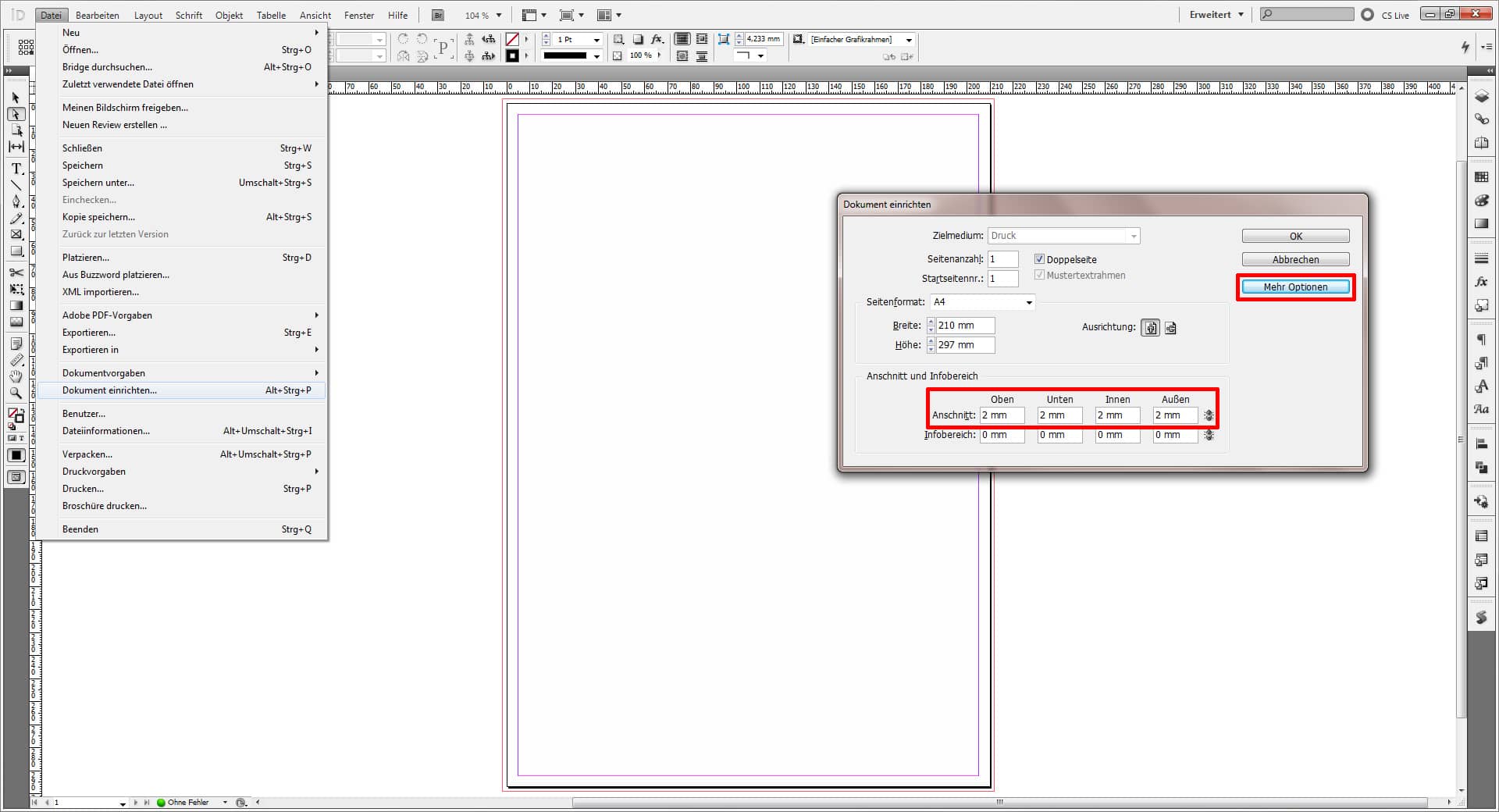 Beschnitt und Schnittmarken in InDesign anlegen 1