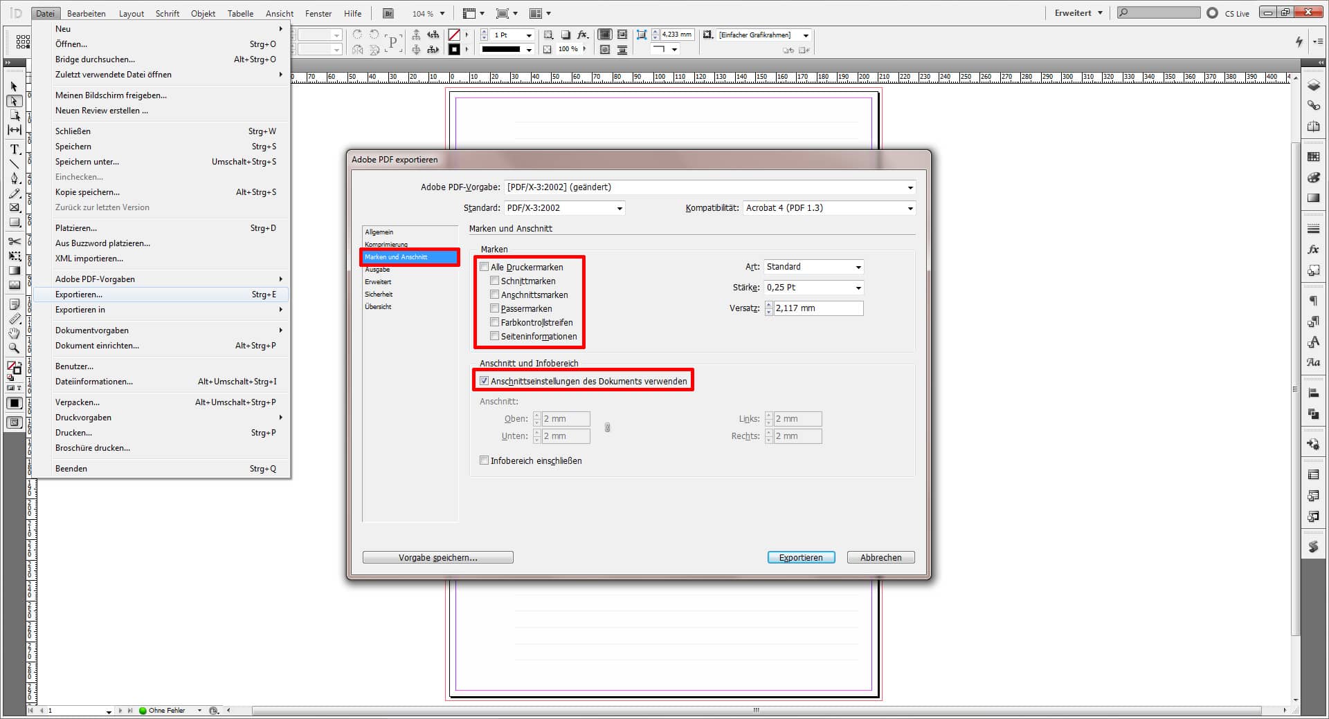 Beschnitt und Schnittmarken in InDesign anlegen 3