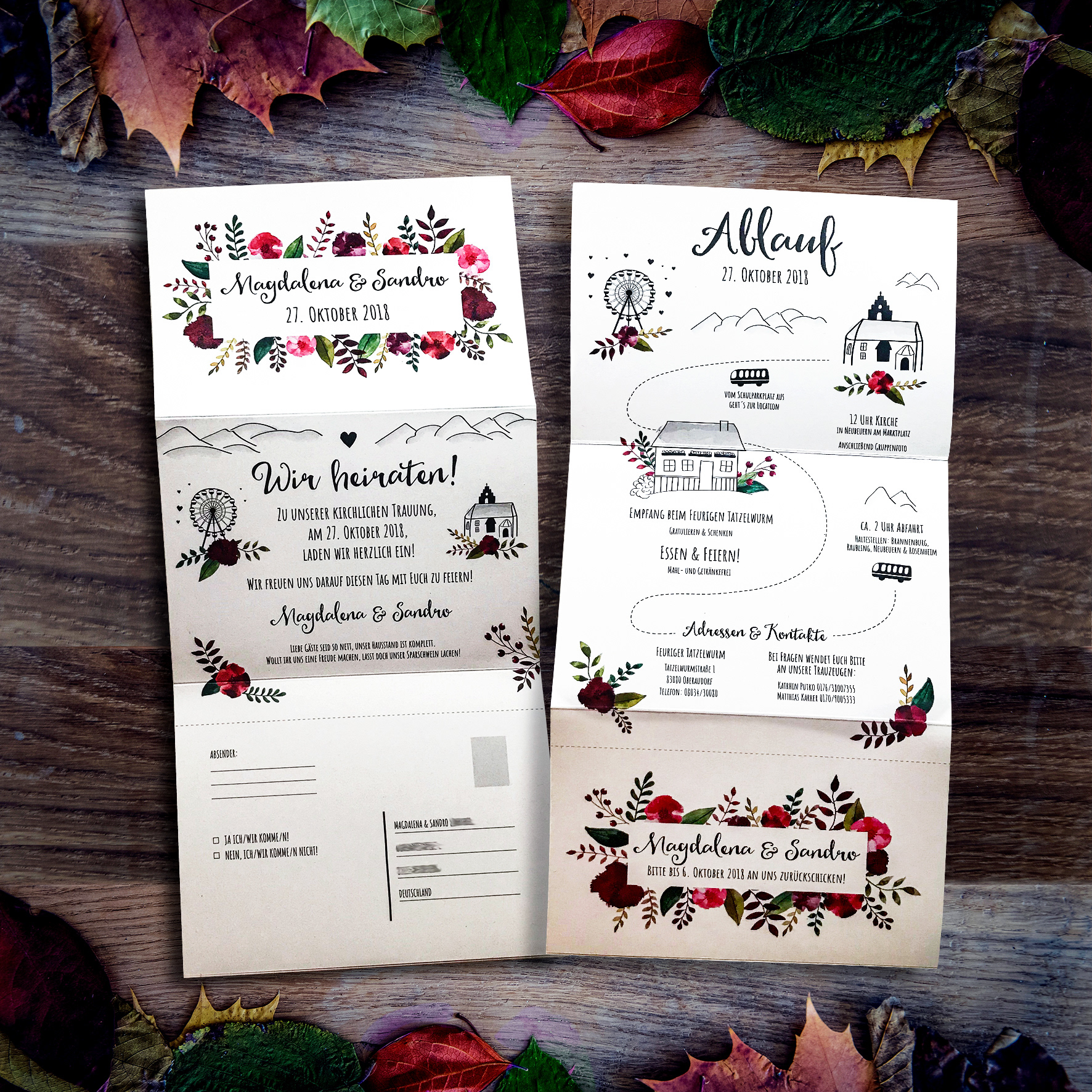 Karte mit Blumen Design und Informationen über die Hochzeit