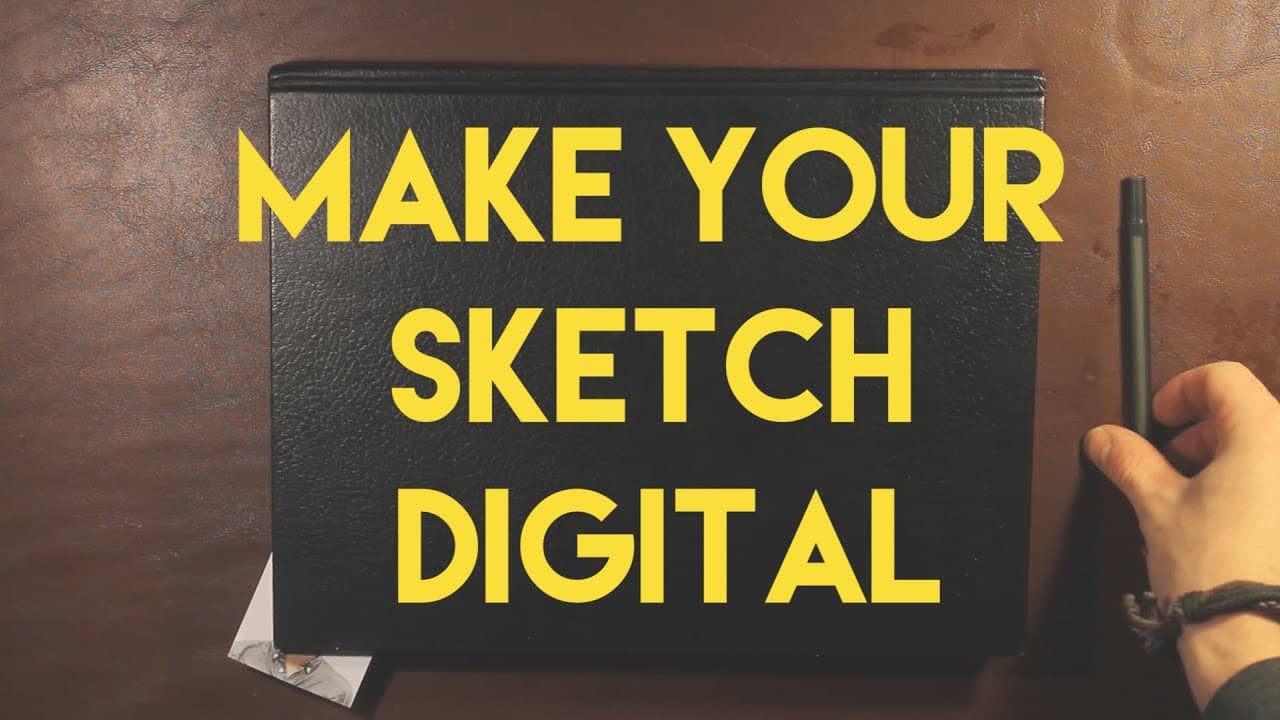 "Make your sketch digital" auf schwarzem Ledernotizbuch auf einem braunen Tisch