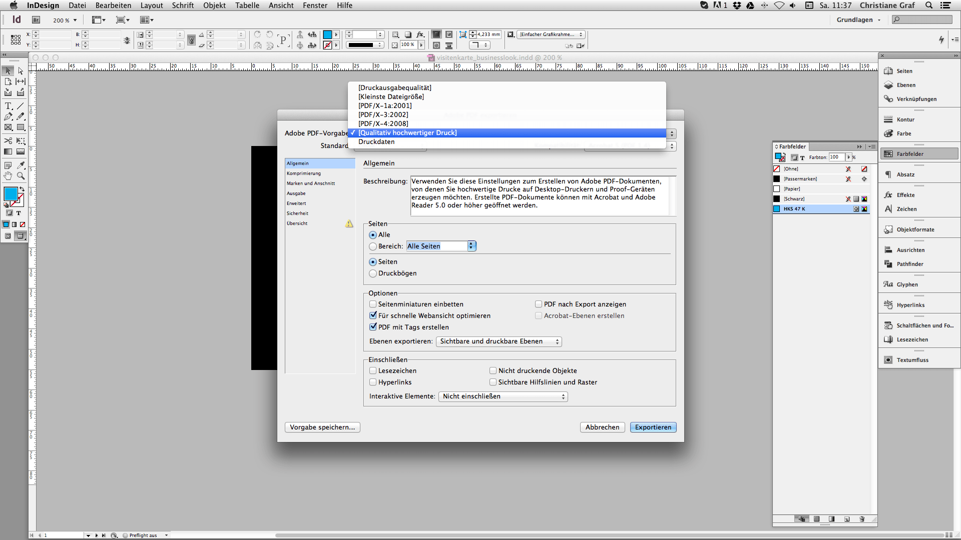 Visitenkarten gestalten mit InDesign: Exportprofil aussuchen