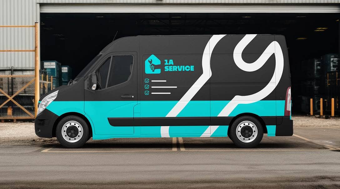 Ein Transporter, der großflächig mit einer Folie beklebt ist.