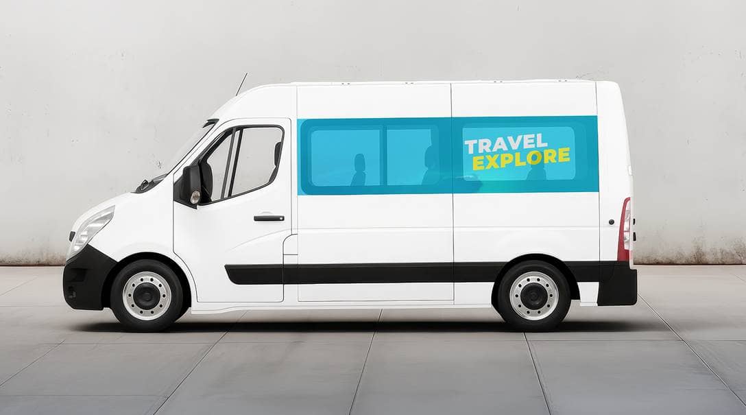 Ein Transporter, dessen hintere Fenster mit einer großflächigen Folie beklebt sind.