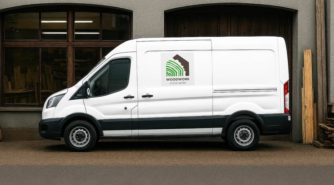 Ein weißer Transporter, auf dem ein Folienaufkleber an der Seitentür angebracht ist.