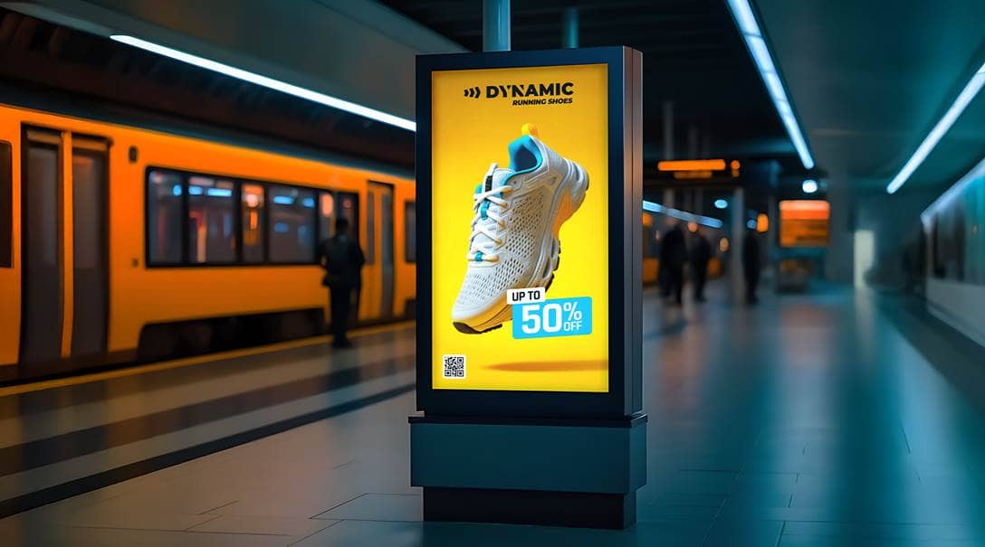 Ein heller Leuchtkasten in einer dunklen U Bahn Station, der mit einer lichtdurchlässigen Folie beklebt ist. Darauf ist eine Schuhwerbung zu sehen.