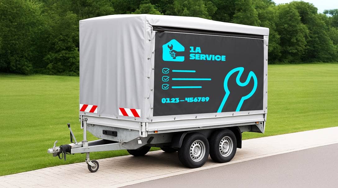 Ein Autoanhänger, der an einem Straßenrand steht. Darauf ist eine Folie geklebt, auf der Werbung für eine Werkstatt gedruckt ist.