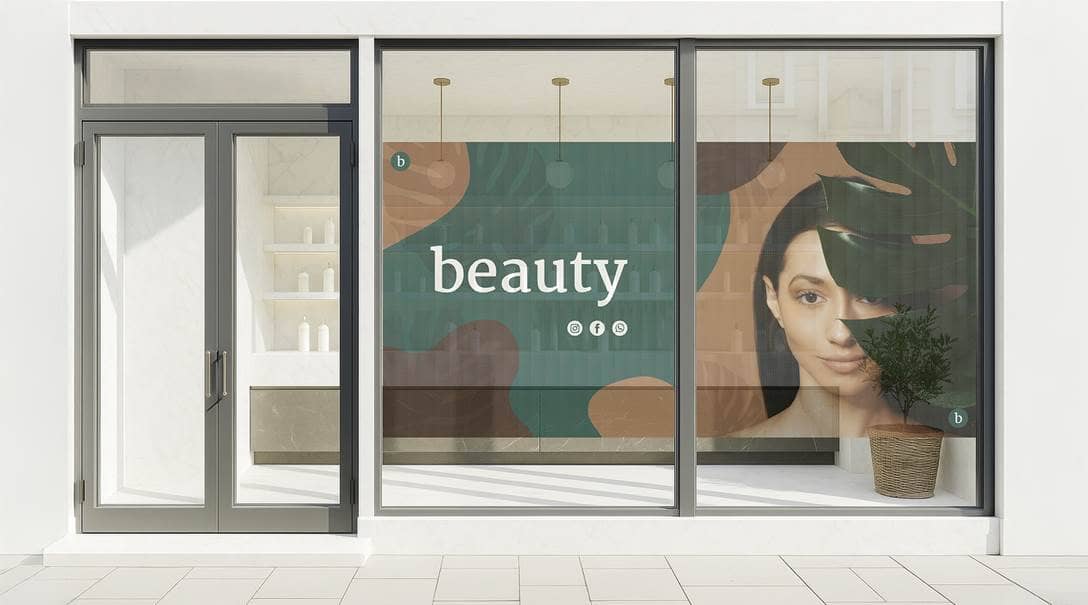 Das Schaufenster eines Schönheitssalons, auf dem eine halbdurchsichtige Fensterfolie angebracht wurde. Darauf ist eine Frau und Blätter zu sehen.