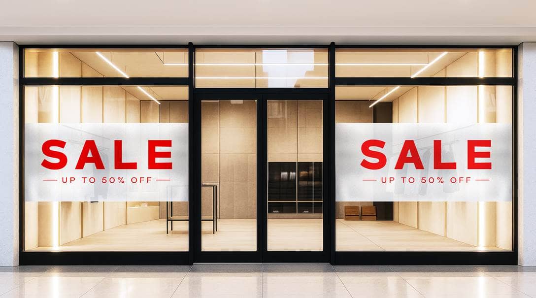 Ein Schaufenster eines Geschäftes, das mit großen SALE Folien beklebt ist.