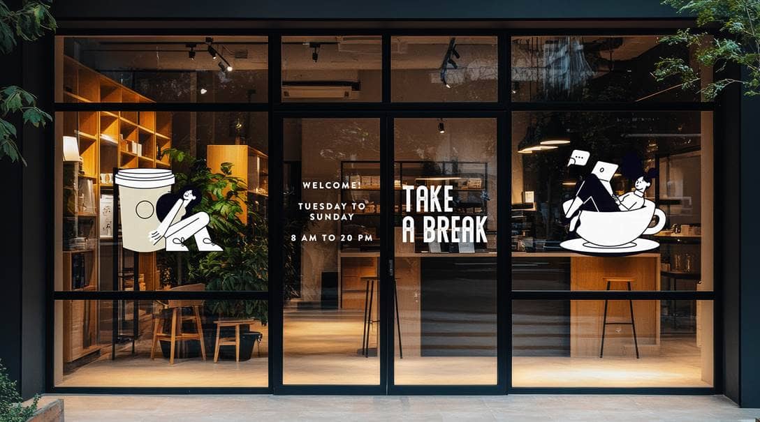 Eine bedruckte, transparente Folie, die am Fenster eines Cafés angebracht ist.