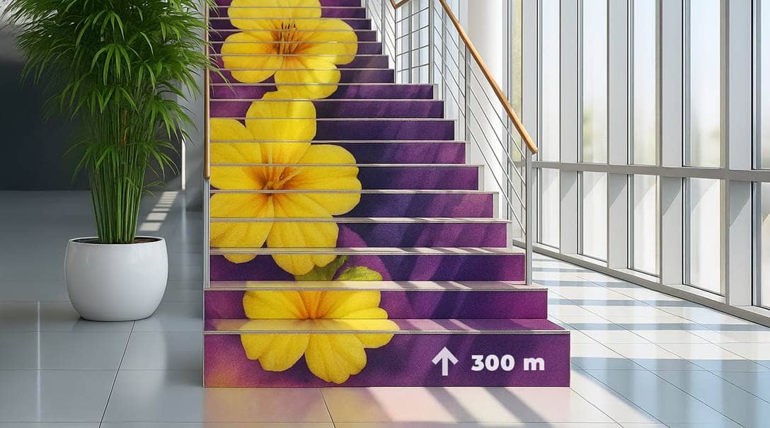 Eine Treppe, auf deren Stufen vollflächige Aufkleber angebracht sind.