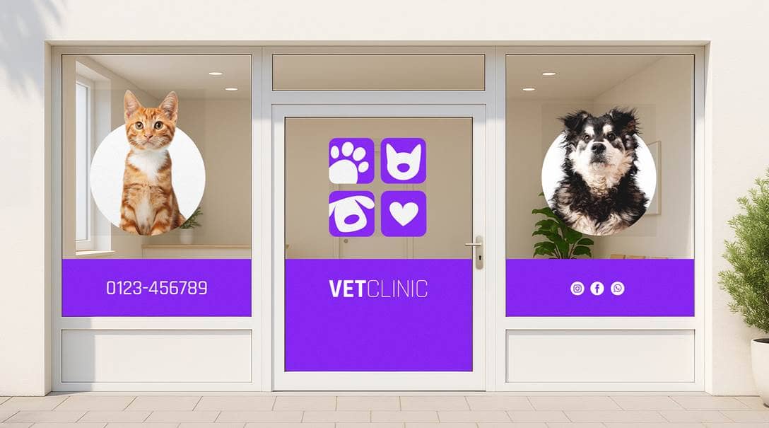 Ein Schaufenster, auf dem eine gespiegelt bedruckte Hinterglasfolie angebracht ist.