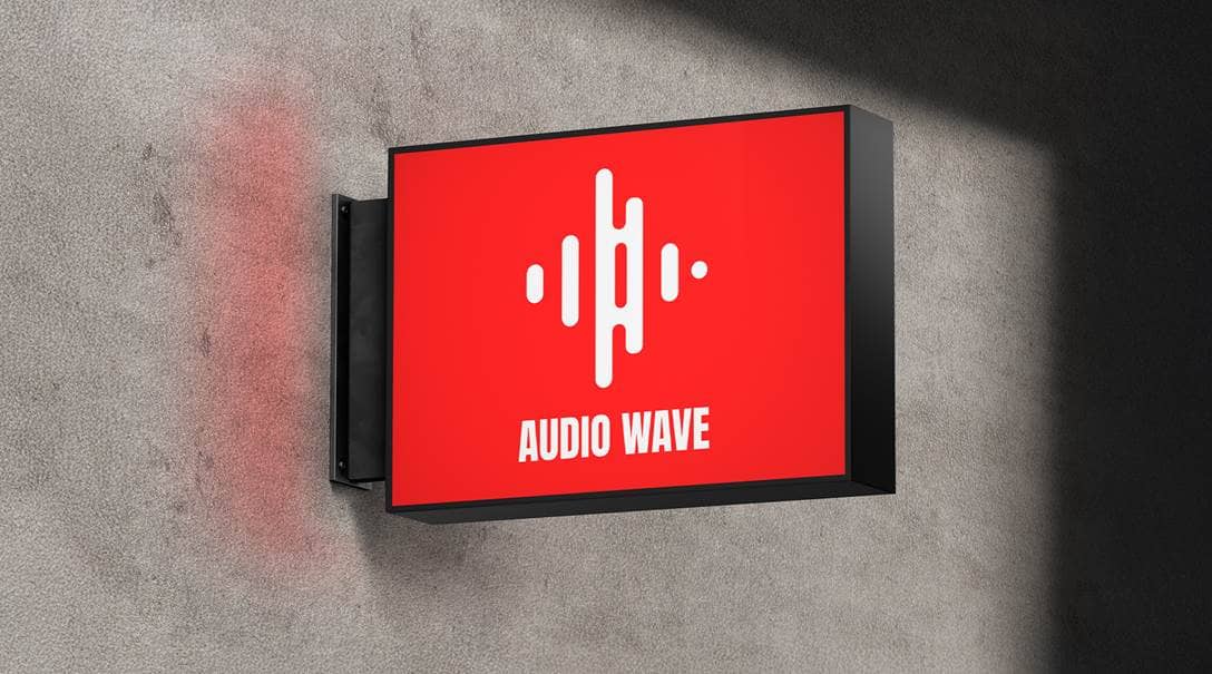 Ein leuchtendes Firmenschild, auf dem das Logo mit einer durchscheinenden Folie angebracht ist.